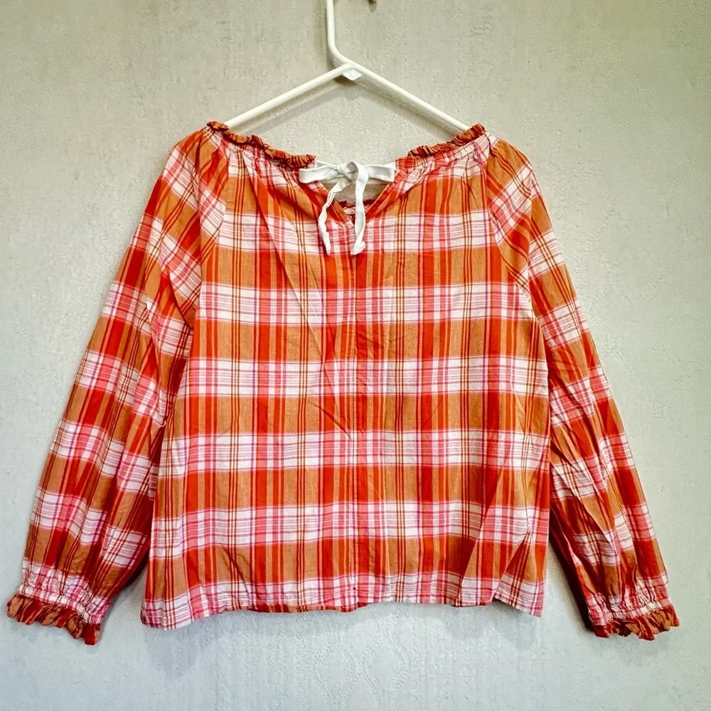 J. Crew Orange Madras Plaid Ruffle Tie-Back Cotton Gauzy Top Sz M Preppy Prep